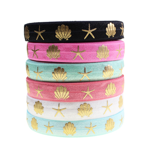 5/8 Inch Shells Starfish <strong>Printed</strong> <strong>Fold</strong> <strong>Over</strong> Polyester <strong>Elastic</strong> <strong>Band</strong> for Hair Ties - Product Image 1