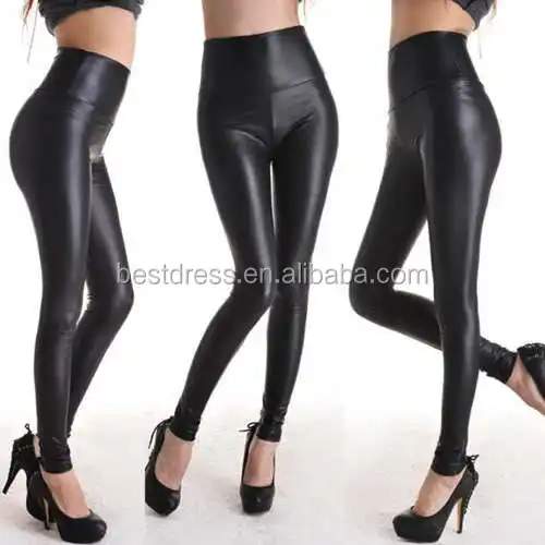 Leggings preto brilhante feminino, novidade de 2014, aparência molhado, leggings, couro falso