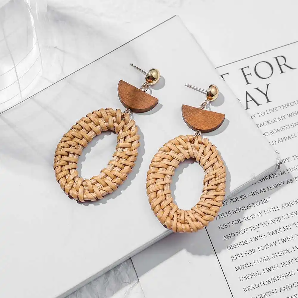 new design Handmade wood rattan bohemian earrings oval hoop earrings jewelry charm hollow fashion earrings for women