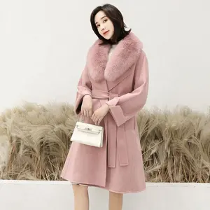 时尚女装冬季服装可爱一条线粉色长款羊毛大衣精品手工羊绒羊毛夹克与大狐狸毛皮衣领