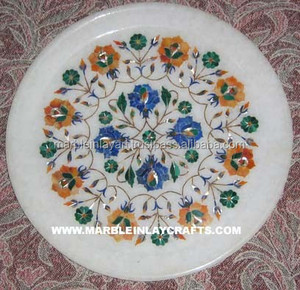 Assiette ronde en marbre blanc, incrustée, faite à la main, polie, design traditionnel, durable - Product Image 1