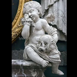 Antique decorative stone kid boy nude crying angel with skull statue