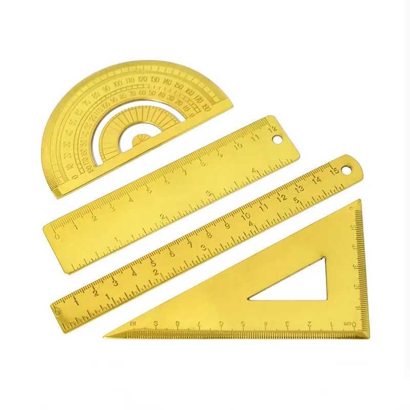 Fashion stationery math geometry gift stainless steel gold straightedge protractor set triangle ruler