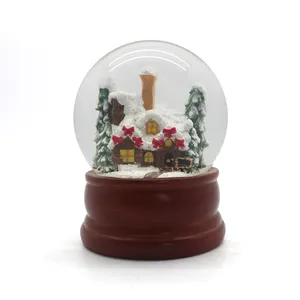 customization 100mm water globe resin christmas house statue snow globe wood base christmas party snow globe ornament