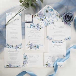 Carte d'invitation de mariage luxueuse en aquarelle bleu <span class=keywords><strong>français</strong></span>, motif floral, avec pochettes en papier vélin - Product Image 2