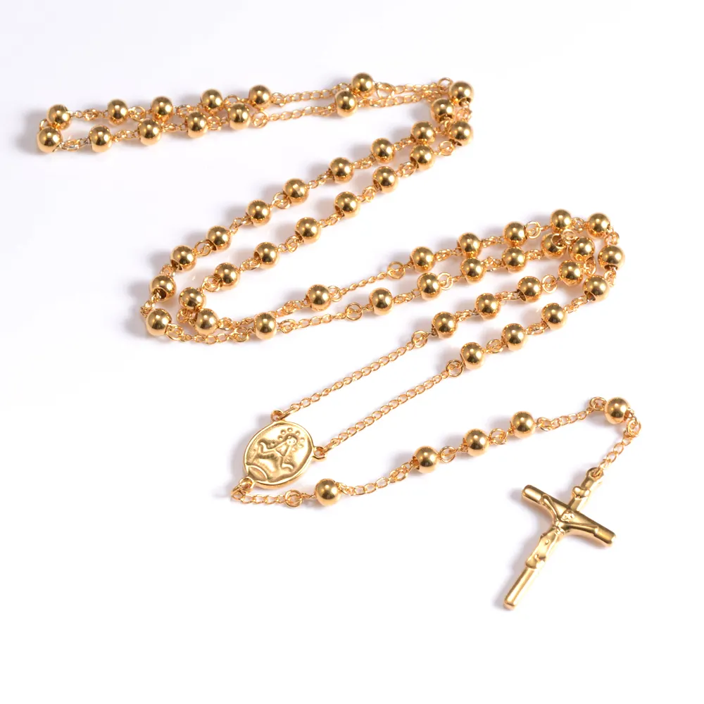 Hotsale Tôn Giáo Vòng Cổ Thép Không Gỉ Bead Chain Thiết Kế Mân Côi Vòng Cổ Với Jesus Chữ Thập Pendant