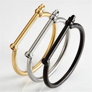 Wholesale fashion jewelry by the dozen mens gold screw bracelet stainless steel D shaped bar cuff bangle