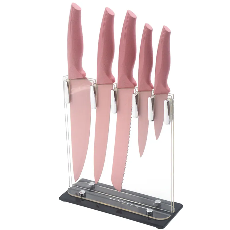 Set de 5 couteaux de chef de cuisine en acier inoxydable antiadhésif à revêtement rose avec bloc acrylique