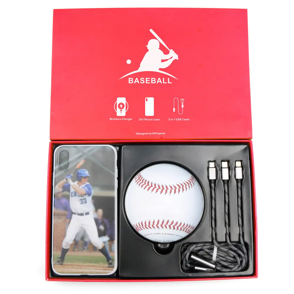 Customize gift box 3 in 1 USB cable wireless charger supper bowl baseball mobile phone case for iphone