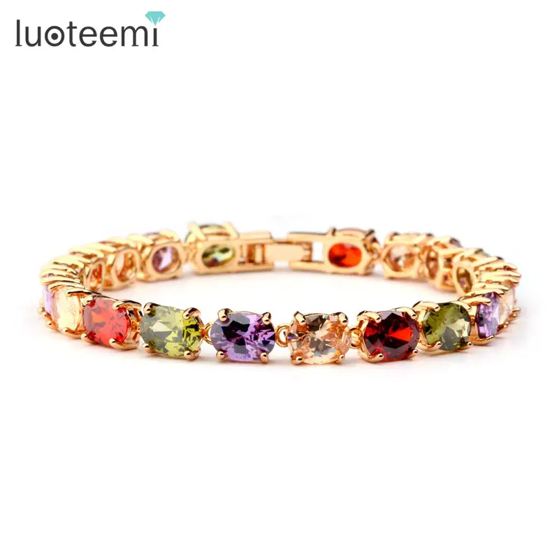 LUOTEEMI Christmas Hot Sell 18KChampagne Gold Plated Multicolor Oval Shape A AA Zirconia Stone Women Bridal Bracelet
