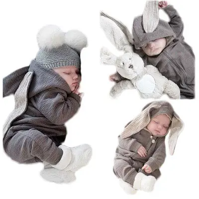 newborn baby clothes with big rabbit ears one-piece hooded zipper Ins foreign trade hot sale