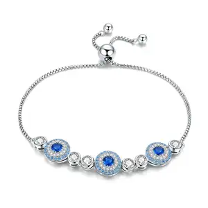 BAGREER SCB088 Euro& American Sterling Silver Women's Bracelet CZ Stone Blue Elf Stretchable Blue Eye Turkish Rope Jewelry