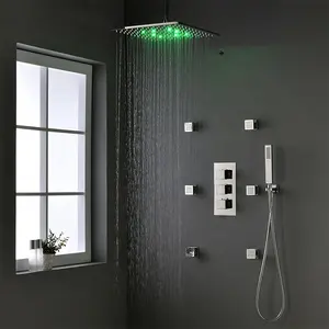 Sistema de ducha LED termostático de 12 pulgadas, juego de ducha oculto de montaje en techo con 6 rociadores de ducha de chorro de cuerpo de latón, precio más atractivo