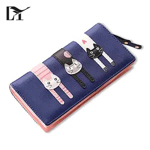 Fashionable Long Style Navy Blue PU Leather Cat Purses Wallet