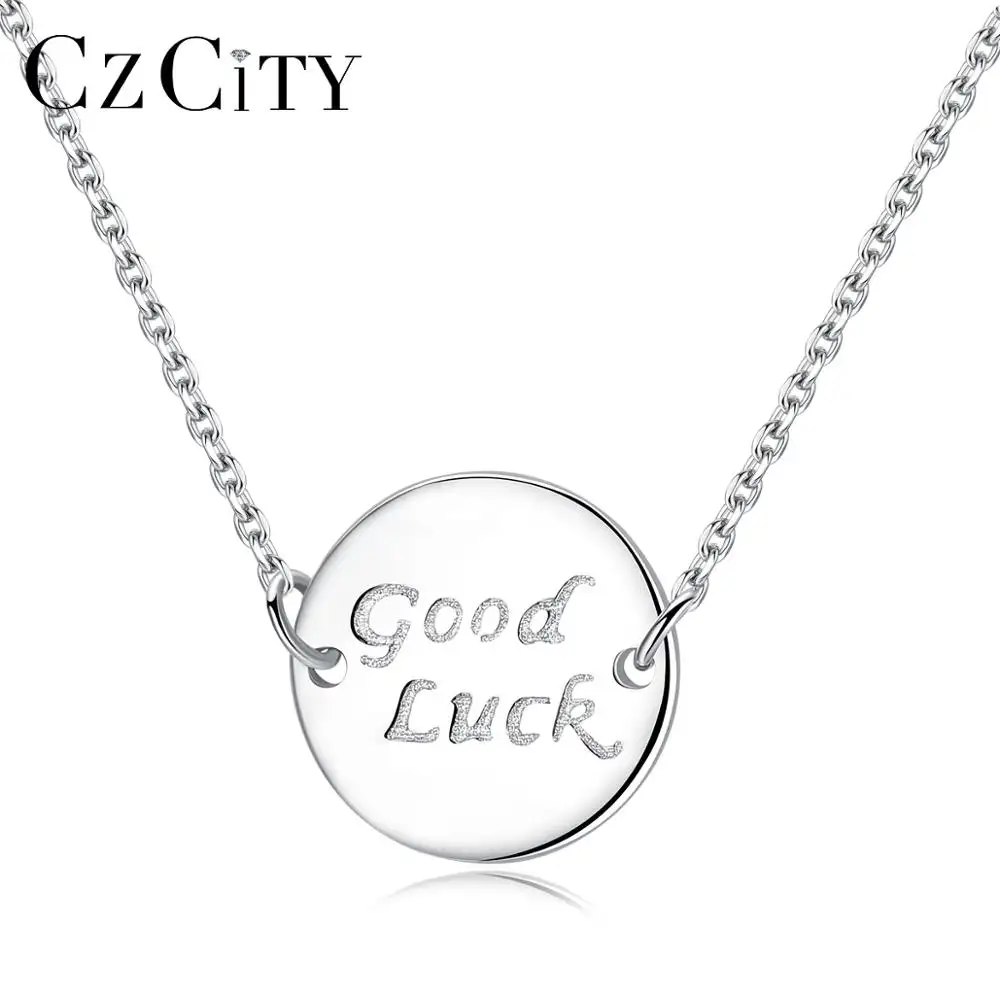 CZCITY Good Luck Letter Bar Pendant Necklace for Girls 925 Silver Jewelry Factory Wholesale Round Coin Pendant