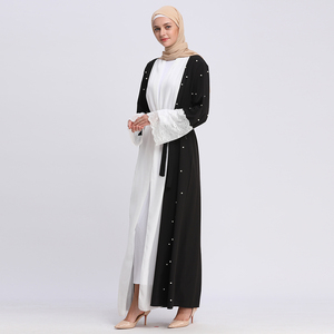 China Lieferant Mode Perle Dubai Muslim Kleid Islamische Kleidung Frauen Schwarze Spitze Front Open Neueste Arabische Abaya