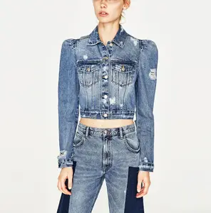 Custom Made Vintage Cropped Pofmouwen Blue Denim Jacket Vrouwen