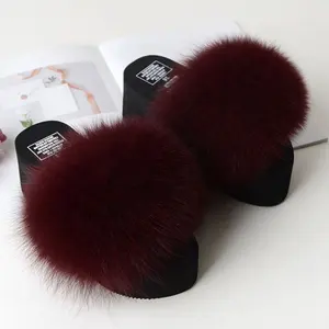 Donne di estate Slides Femminile Furry Indoor Scarpe Pelliccia di Volpe Pantofole di Vibrazione di Cadute di Spiaggia Casuale Della Peluche Lanuginosa Reale dei capelli della Volpe di Sandali