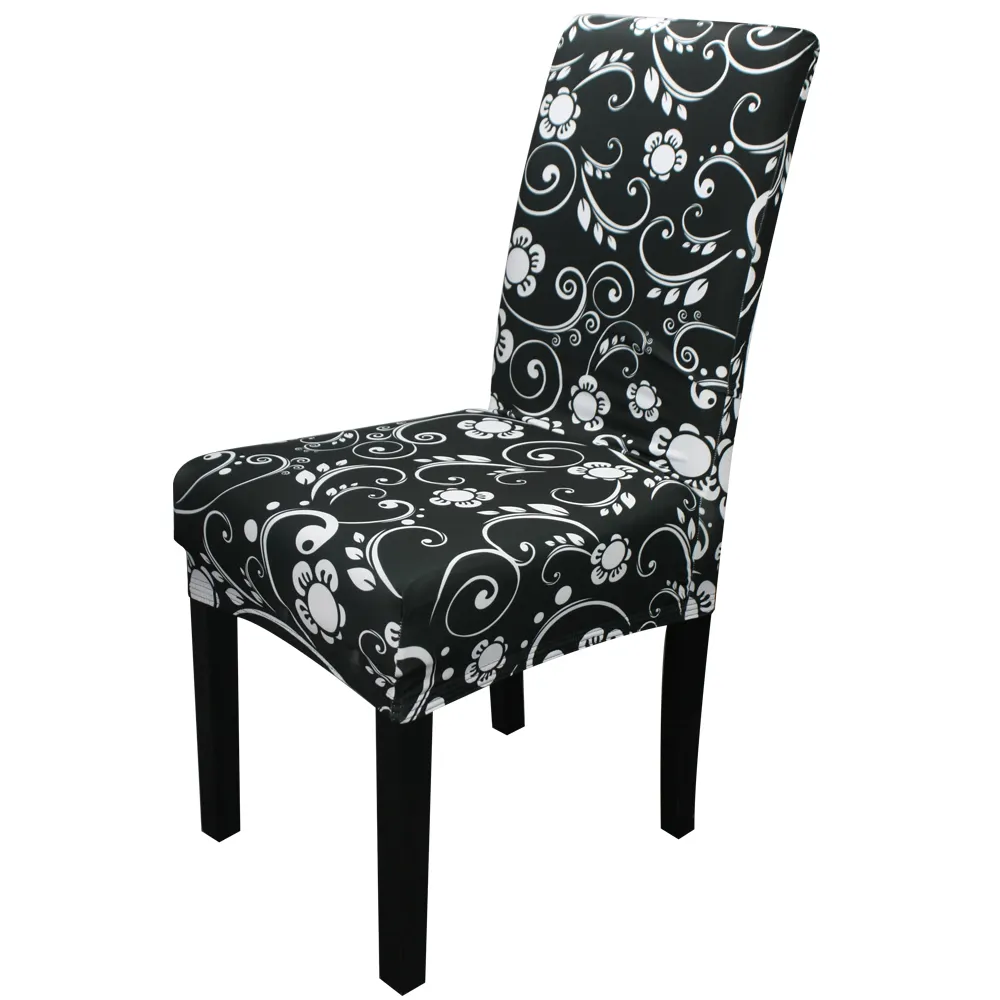 Couvre-chaise de salle à manger lavable en spandex, housses extensibles avec imprimé de fleurs noires, vente en gros, 100 pièces