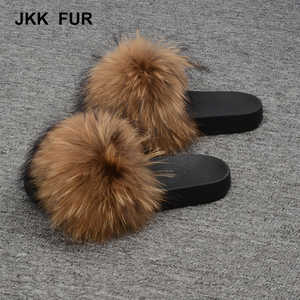 Calidad estable <span class=keywords><strong>mapache</strong></span> suave sandalias mujeres al por mayor zapatillas color natural fur slides - Product Image 1