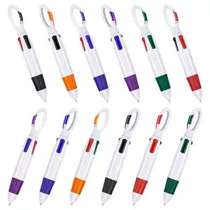 Plastik Carabiner Antar-jemput Pulpen 4-In-1 Retractable Ballpoint Multicolor Pena dengan Gesper Gantungan Kunci Di Atas untuk hadiah Siswa
