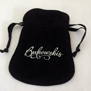 Black Velvet Drawstring Pouch With Silver Printing