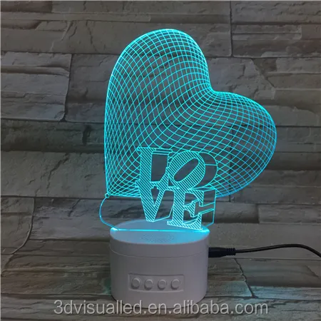 A forma di cuore altoparlante 3d luce di notte 5 colori che cambiano premere il pulsante ricaricabile 3d speaker della lampada della decorazione della casa di musica di gioco 3d lampada