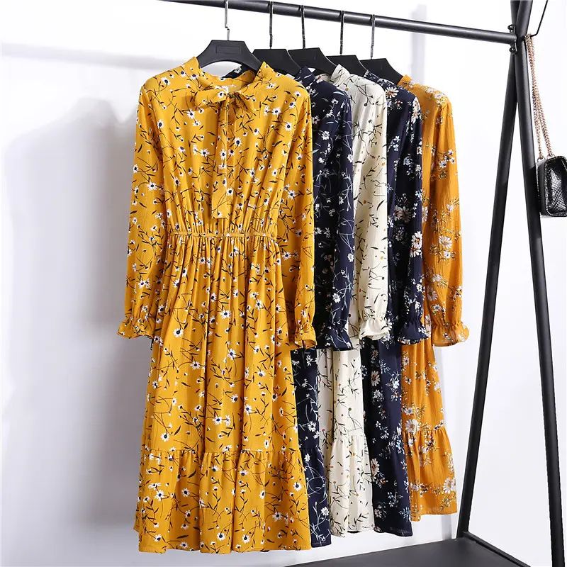 Summer Autumn Chiffon Print Dress Casual Cute Women floral Long Bowknot Dresses Long Sleeve Vestido S-XL