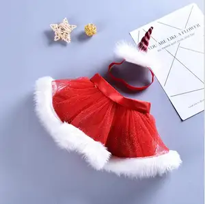 2020 Pemasok Profesional Gaun TUTU Merah Berbulu Bayi Natal Gaun Pesta dengan Ikat Kepala Bayi Unicorn