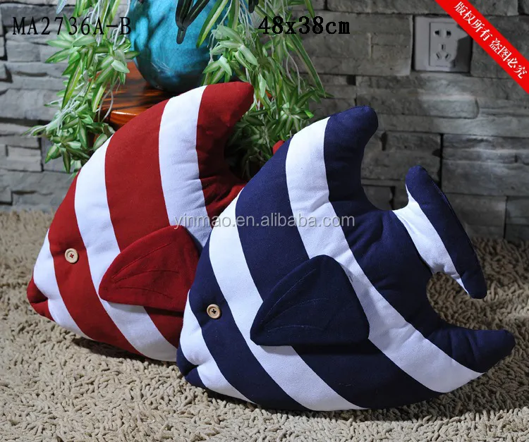 Fish Shape Stripe Cotton Pillow, Blue/Red 48x38cm, Marine Decorative Throw Pillow For Sofa/Bed
