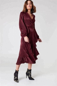 Maxi <span class=keywords><strong>abito</strong></span> in <span class=keywords><strong>raso</strong></span> Boho con volant bordeaux a maniche lunghe da donna elegante Casual autunno 2022 - Product Image 2
