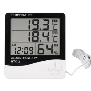מדדי לחות 12 v Suppliers-HTC-2 דיגיטלי תרמו Hygrometers מדחום מדדי לחות טמפרטורת תחנת מזג אוויר לחות מטר מקורה חיצוני חיישן בדיקה