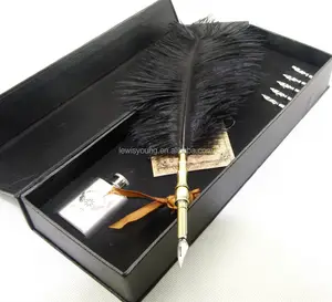 Antik Burung Unta Quill Feather Dip dengan Kotak Hadiah Set Hot Sale Promosi Kaligrafi Set