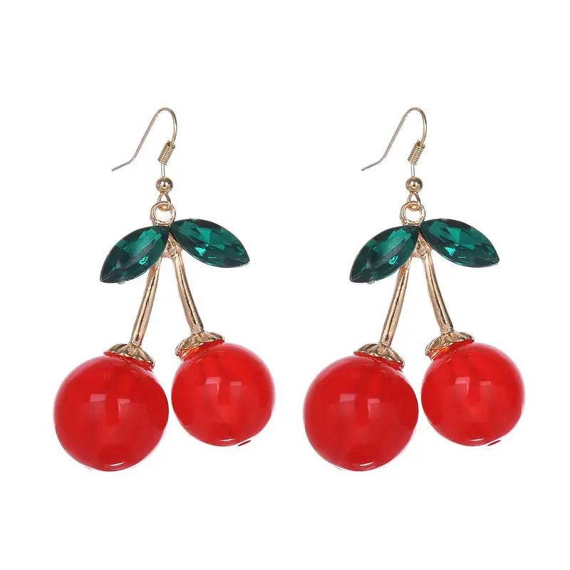 Hot Fashion Statement Jewelry Green Acrylic Drilling Red Women Cherry Fruit Drop Earrings