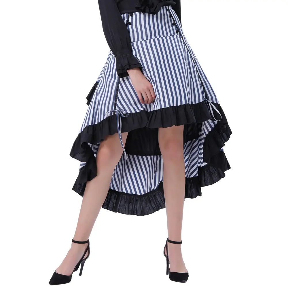 BP000345 BP Striped Gathered Steampunk Vintage Gothic Style White High-Low Skirt