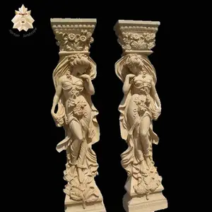 Hot sale garden villa decorative antique stone roman columns woman statues white marble pillars NTMF-C02