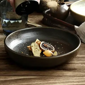 Factory direct wholesale hotel ceramic round black dinner soup plates,restaurant plates set dinnerware