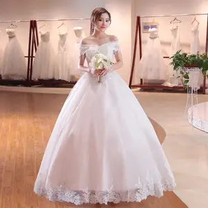 Vestido de casamento estilo coreano, novo estilo coreano elegante, tamanho grande, laço, fora do ombro, comprimento do chão branco, elegante, novo, 2018