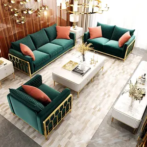 आधुनिक फर्नीचर हरी मखमल कपड़े गोल्डन कमरे में रहने वाले सोफे लक्जरी डिजाइन 6 सीटों सोफा सेट