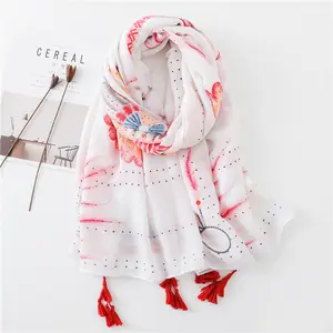 Wholesale 2018 new style turkish hijab scarf fashion luxury brand feather print thin stain line dupatta scarf with tassel