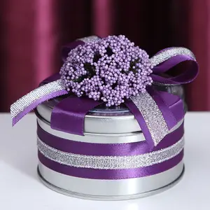 Purple Flower Ribbon Round Tin Wedding Candy Box