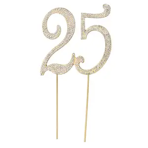 25ケーキトッパーゴールデンシルバークリスタルラインストーン25周年記念パーティー用品用装飾カップケーキトッパー
