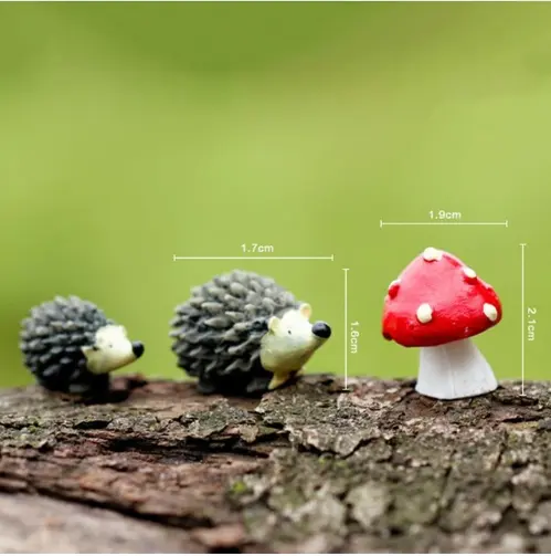 Artificial mini hedgehog with red dot mushroom miniatures fairy garden moss terrarium resin crafts decorations for home