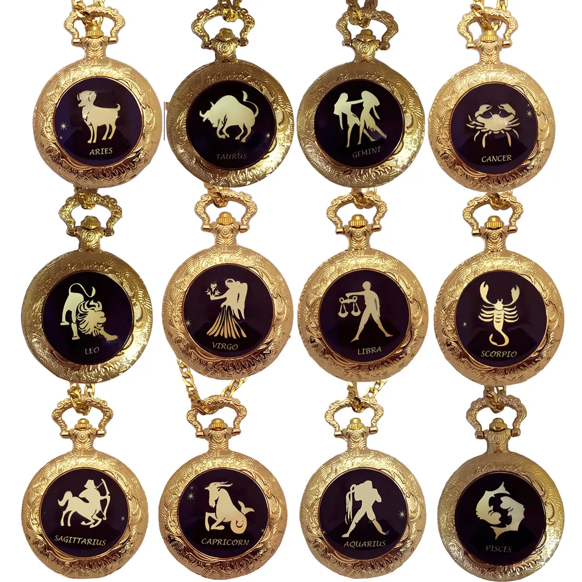 Vintage Zodiac Pattern Pocket Watch Necklace Chain Copper Retro Style Twelve Constellations Pocket Watch Customized 4*4.6*1.5cm