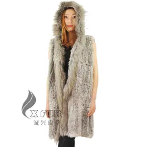 CX-G-B-68 Hot Bán Knitting Gấu Trúc Cổ Áo Lông Thú Phụ Nữ Rabbit Fur Vest Với Hood