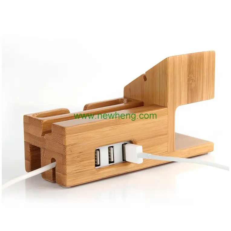 3-Port USB şarj istasyonu masaüstü standı şarj doku bambu ahşap dönence telefon tutucu standı