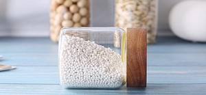 NUEVO 335 ml 580 ml 800 ml Perfecto transparente Almacenamiento de alimentos Tarro de vidrio de borosilicato transparente con tapa de madera <span class=keywords><strong>para</strong></span> organización de <span class=keywords><strong>cocina</strong></span> - Product Image 4