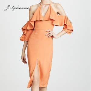 2018 nouvelles dames dos nu bretelles à volants V-cou fendue <span class=keywords><strong>mi</strong></span>-longueur <span class=keywords><strong>orange</strong></span> <span class=keywords><strong>robe</strong></span> - Product Image 5