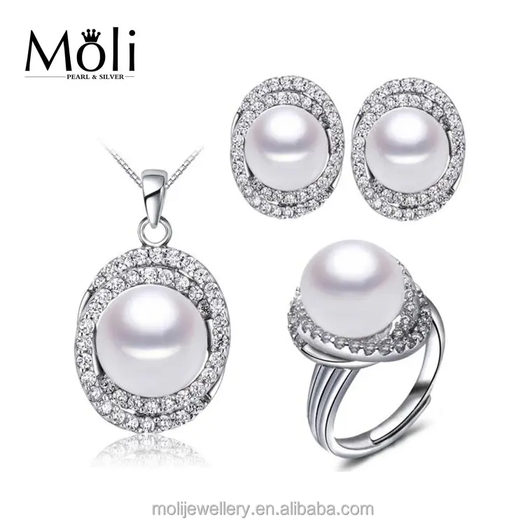Luxury CZ Gemstone 10-11mm Big Size Freshwater Pearl Jewelry Set Pendant Ring Earrings for Mother