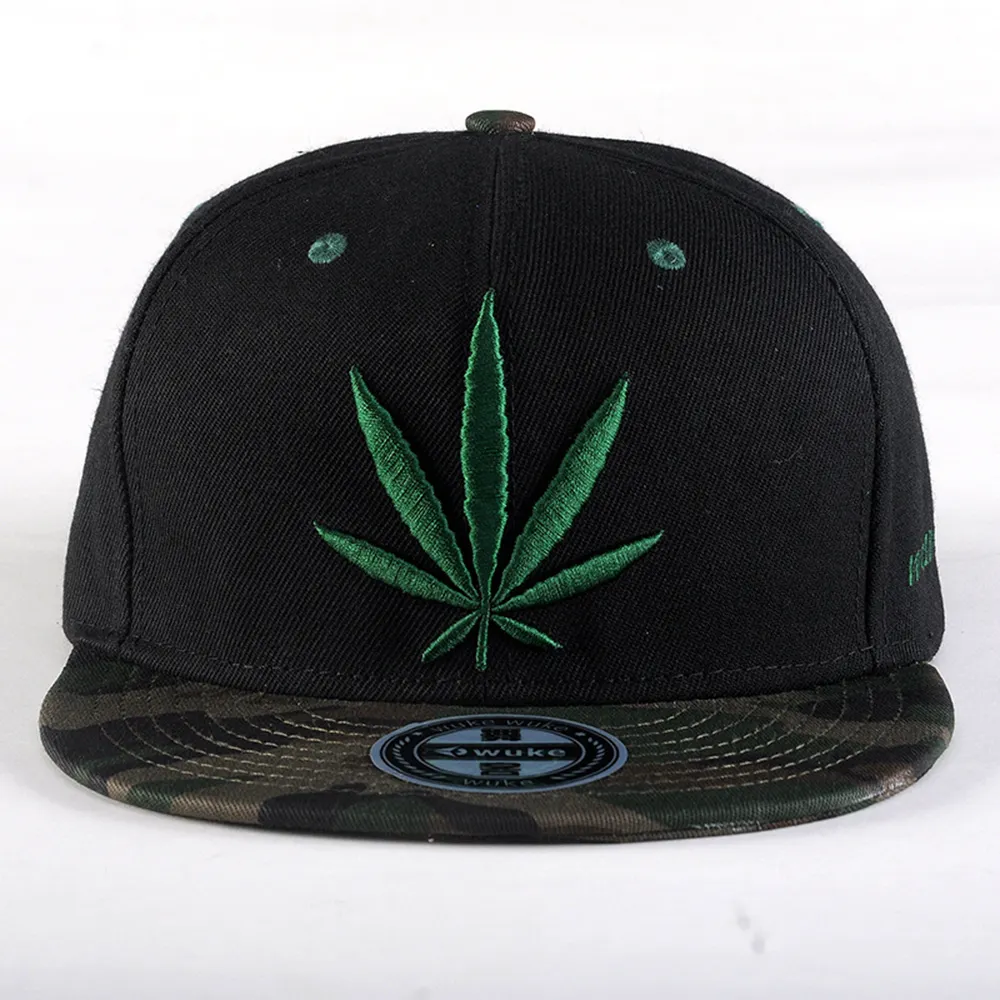 Professional Hats Manufacturer Leaf Weed Logo Snapback Cap Embroidered Flat Bill Men Baseball Hat